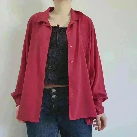 Vintage 90s Liz Moody silky red embroidered puffy long sleeve  button-up shirt - Picture 4 of 14